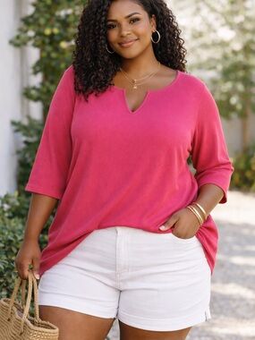 AVENUE Ribbed Knit Top V Neck Coral Salmon Casual 3/4 Sleeve Plus Size 22/24